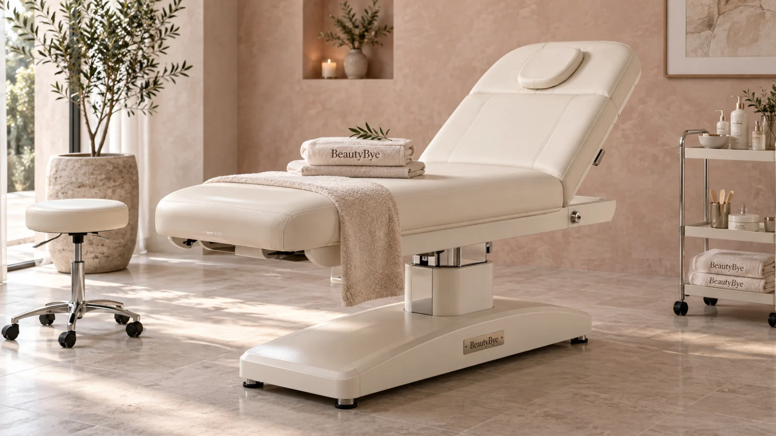 BeautyBye professional treatment bed, stool and trolley in a neutral salon room