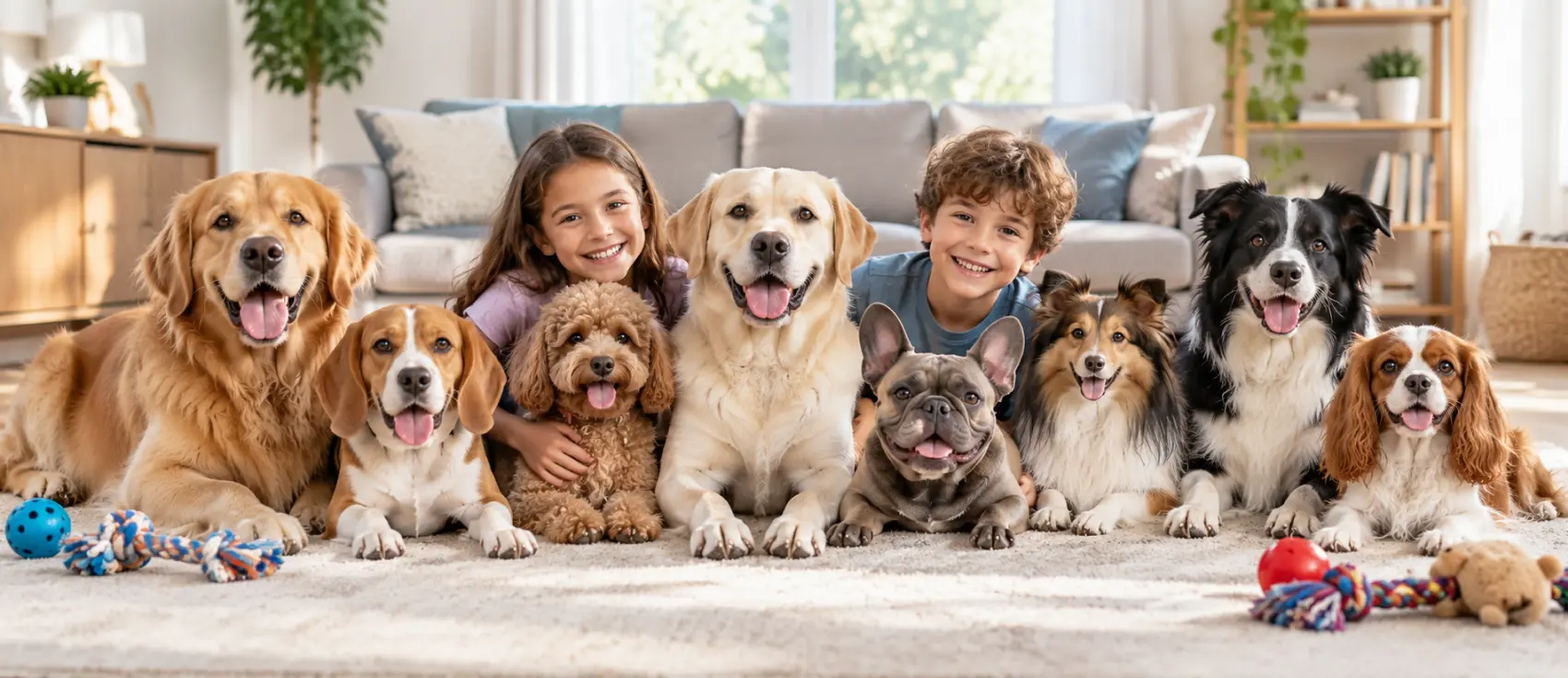 Two children sitting on the floor with nine friendly dogs of different breeds.