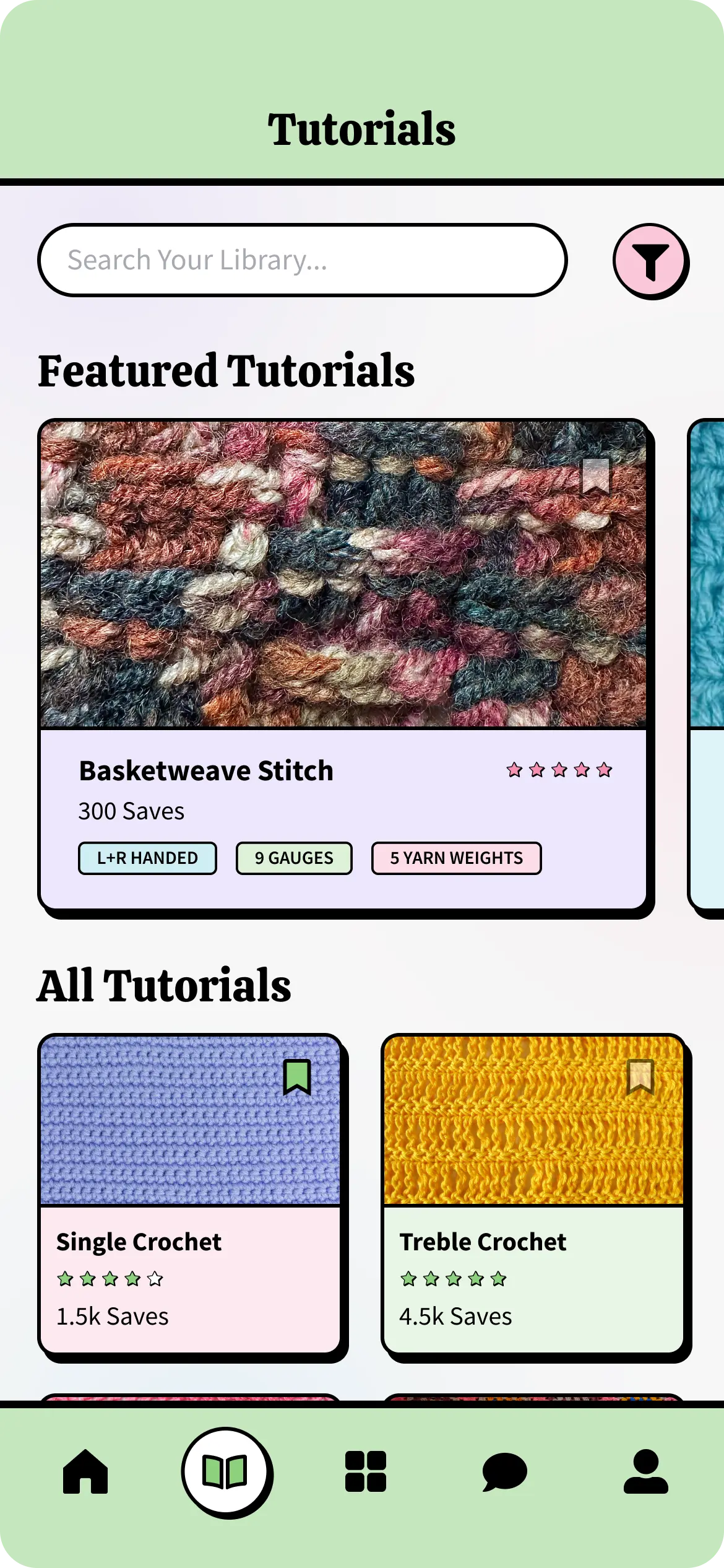 App screen showing the Tutorials section, featuring a search bar, a filter button, and sections for 'Featured Tutorials' and 'All Tutorials.' Tutorial cards include details like the project name, saves, ratings, and attributes such as handedness and yarn weight.