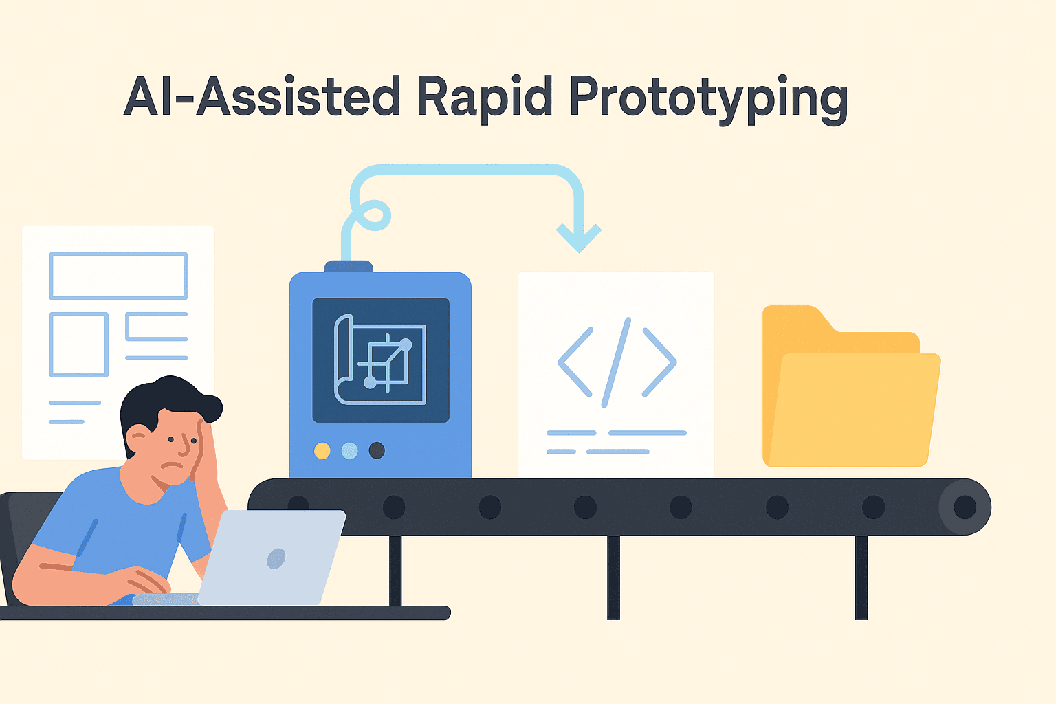 Flat illustration of an AI blueprint machine generating architecture diagrams, boilerplate code, and folders on a conveyor belt for rapid prototyping.