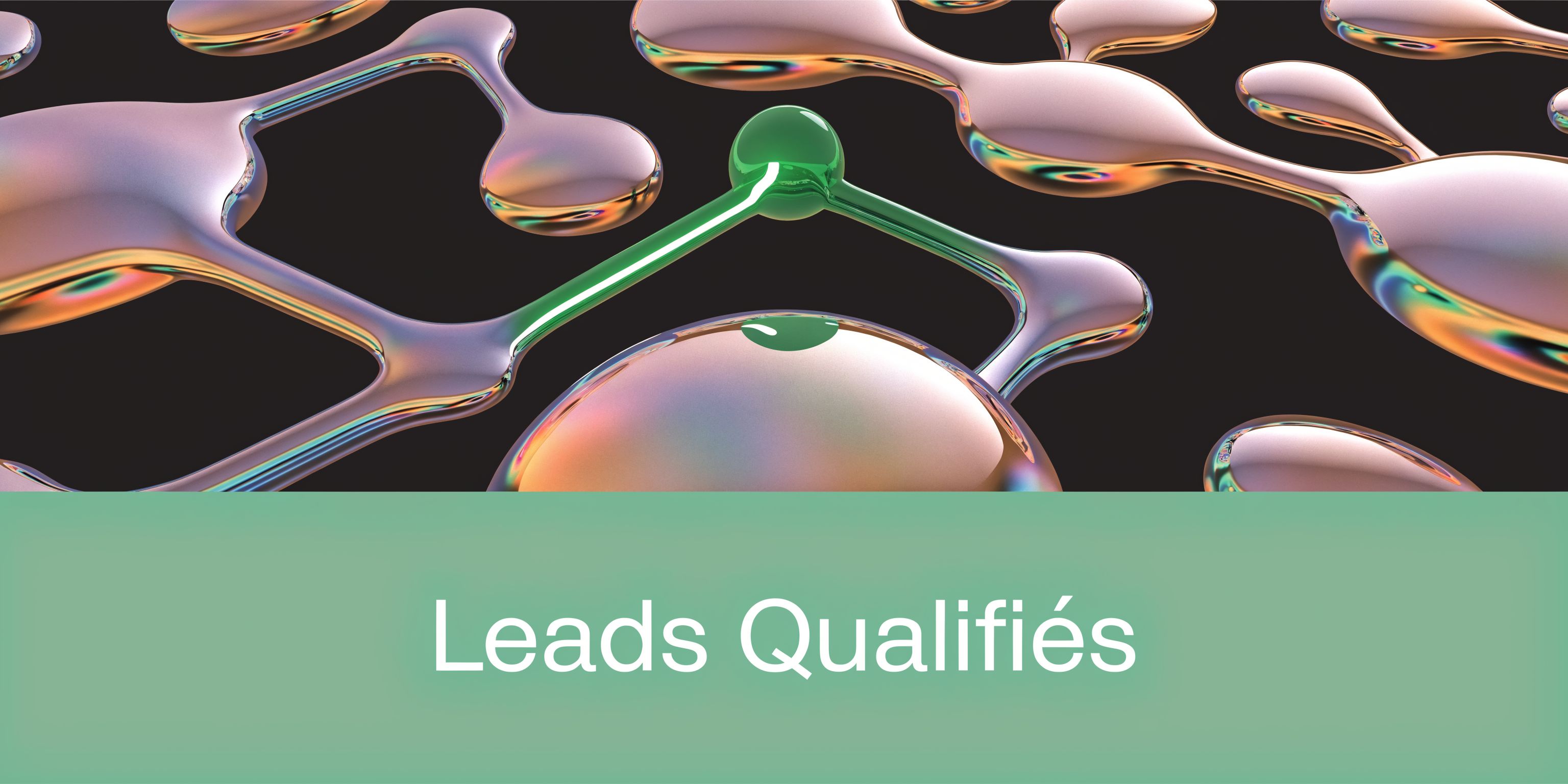 Illustration 3D abstraite montrant des formes organiques reliées, surmontant le texte Leads Qualifiés sur fond vert.