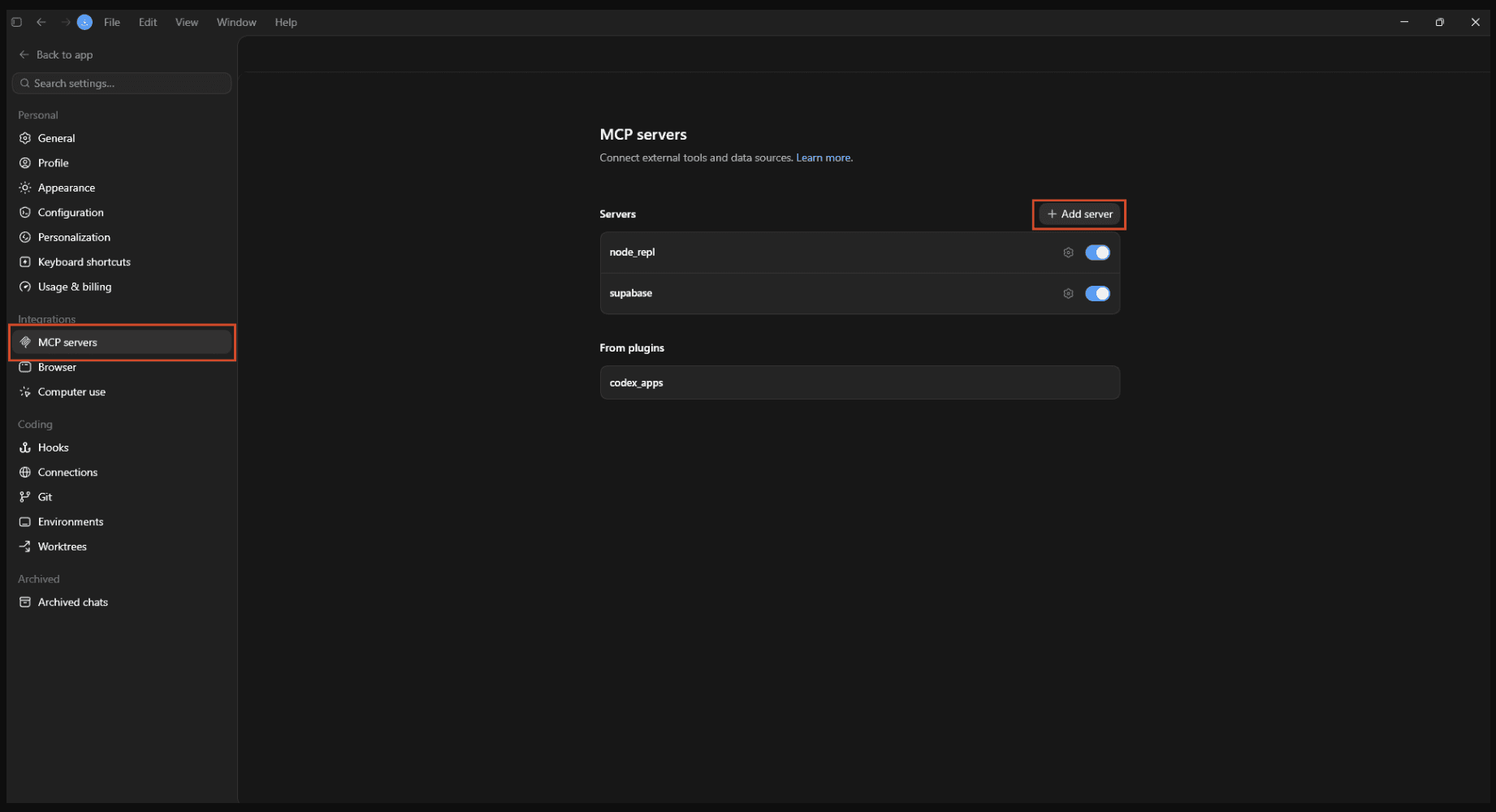 Codex dark mode MCP servers panel with the Add server button highlighted