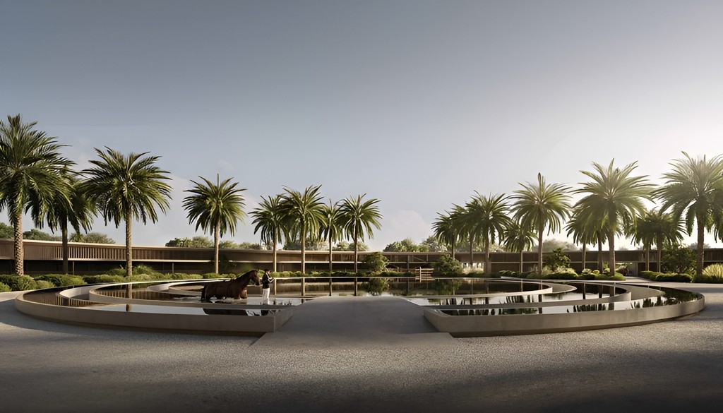 Courtyard at Equestra at Grand Polo, showcasing palm trees surrounding a decorative fountain.