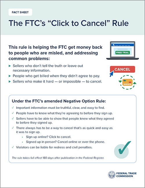 FTC Click to Cancel Rule Fact Sheet detailing new negative option rule requirements for simple subscription cancellations