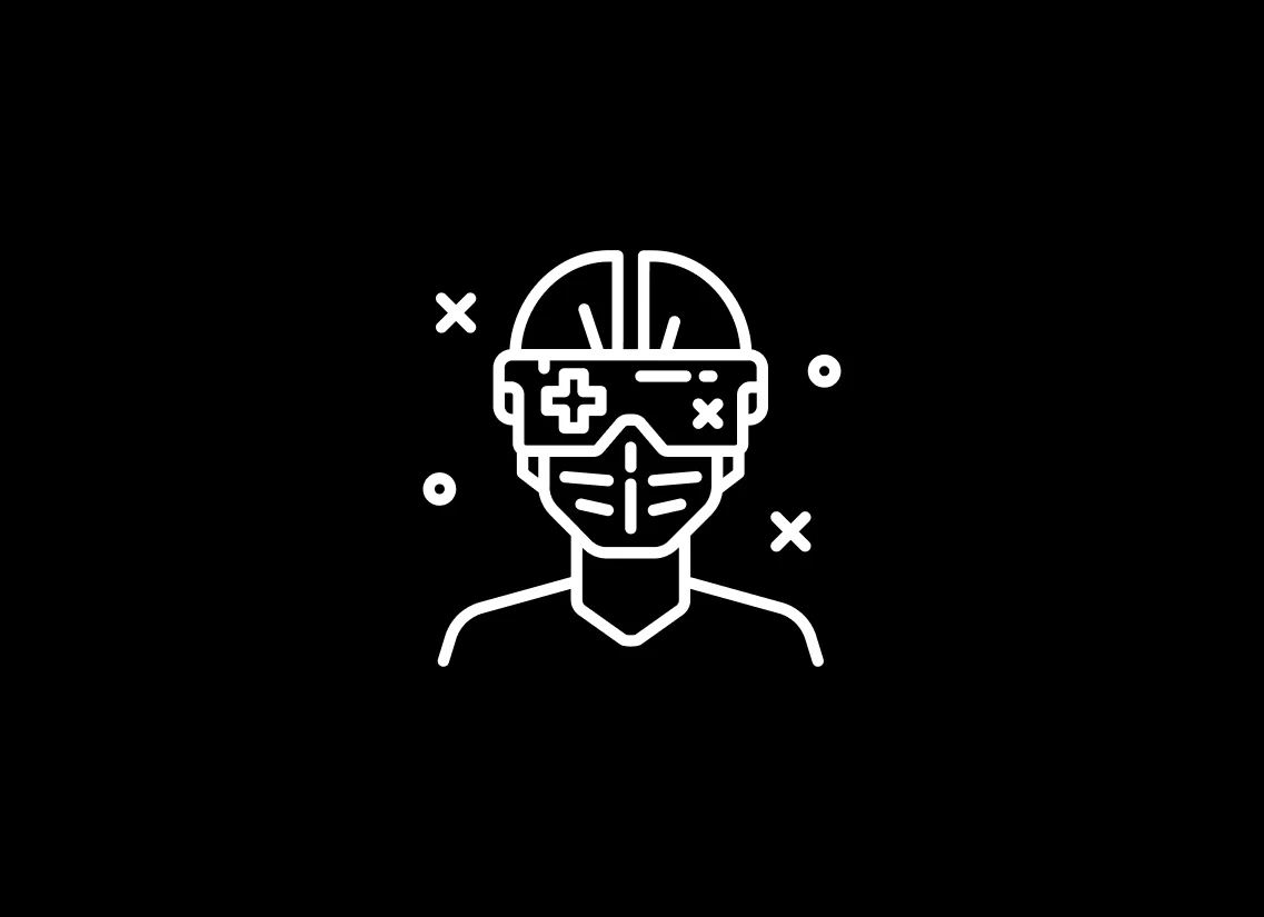 Line art illustration of a person wearing a VR headset with a medical cross symbol, representing AR and VR use in healthcare