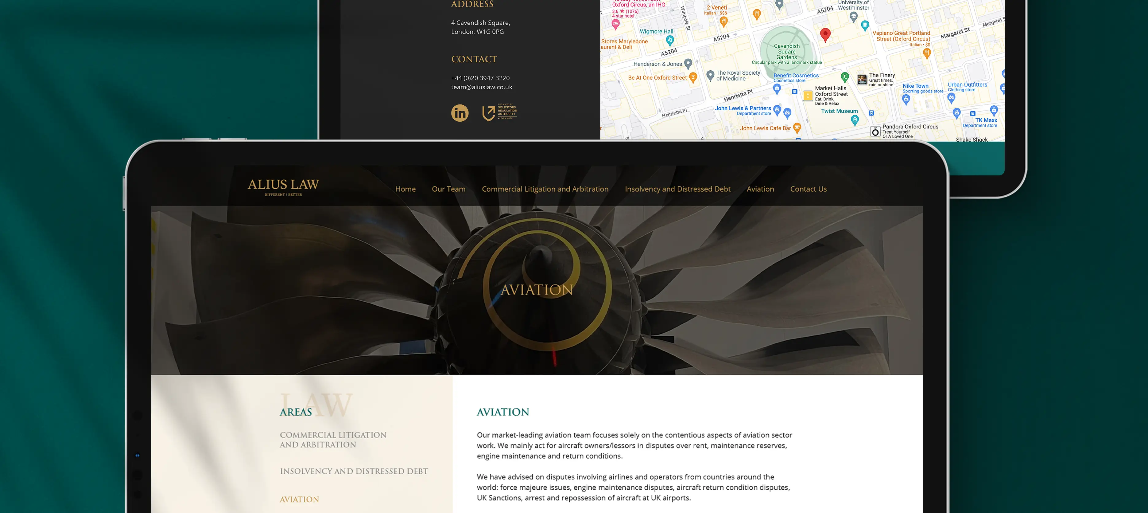 Alius Law website mockup on tablet – clean modern layout with green-gold palette and aviation imagery by Teatime Studio.