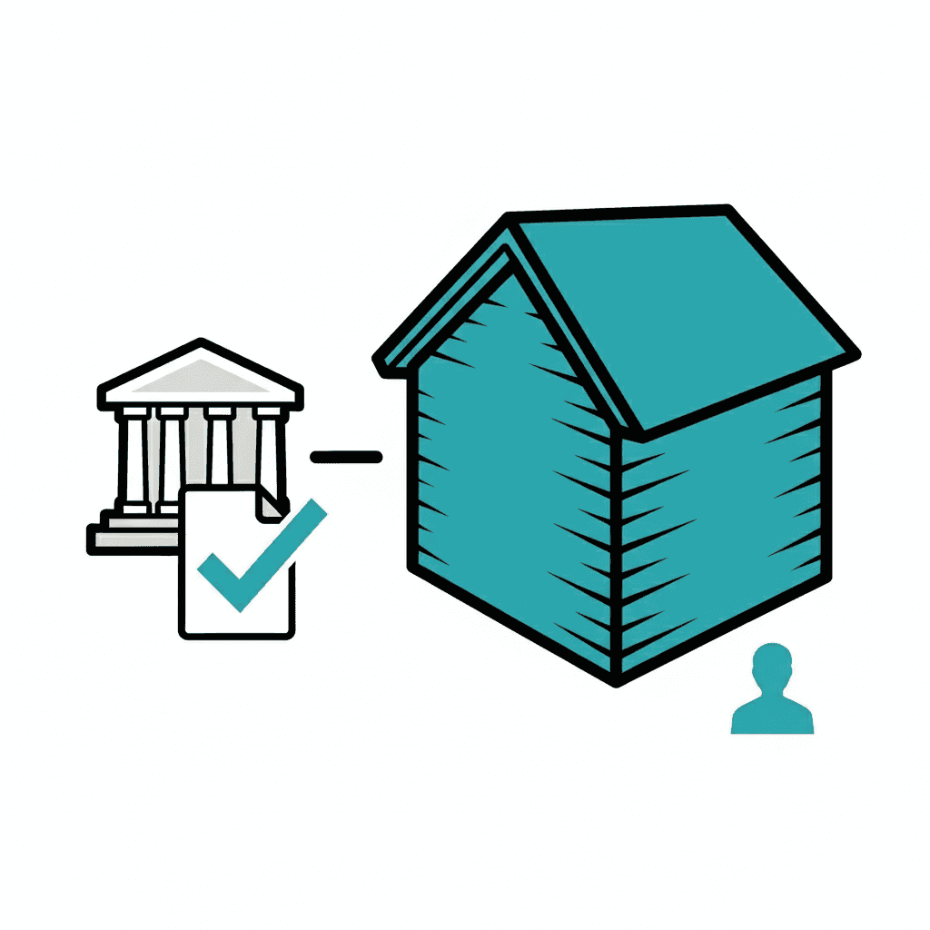 Grafik einer Immobilienfinanzierung: Bank mit genehmigtem Dokument, daneben ein großes Haus mit Personensilhouette.
