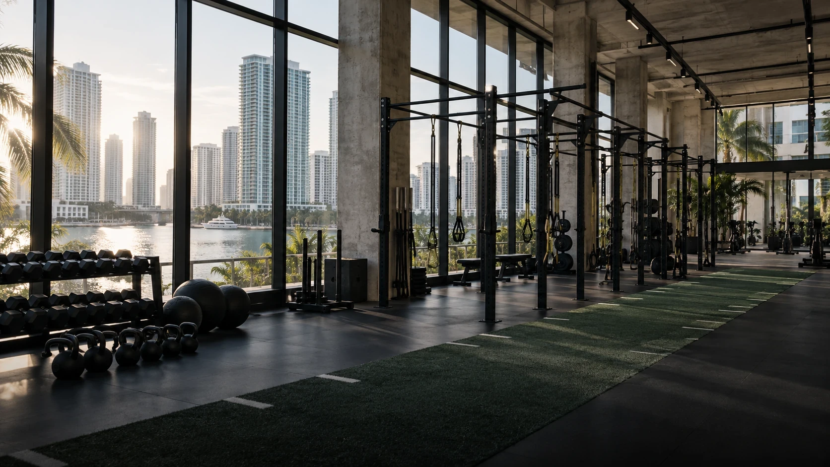 Riverside's training floor with a turf lane and river views