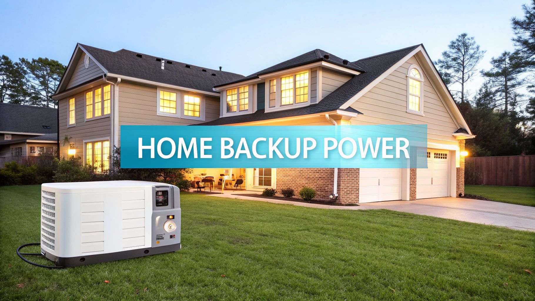 a home with the text 'home backup power' in the foreground