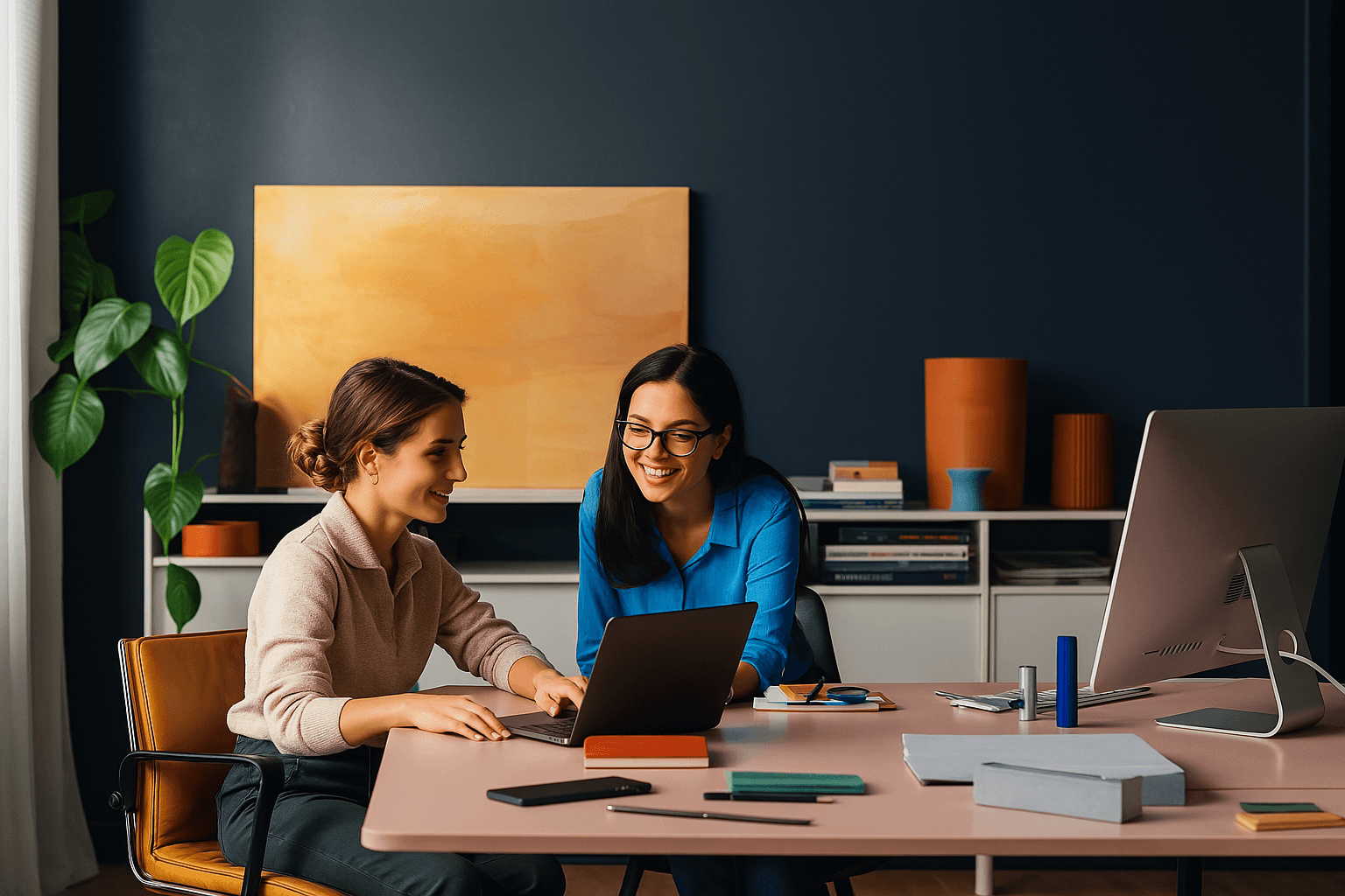 Duas mulheres sorrindo e olhando para um notebook preto a sua frente. A mesa está bagunçada com vários itens como folhas, cadernos, canetas. Ao fundo uma planta a frente de uma parede escura com um quadro amarelo.