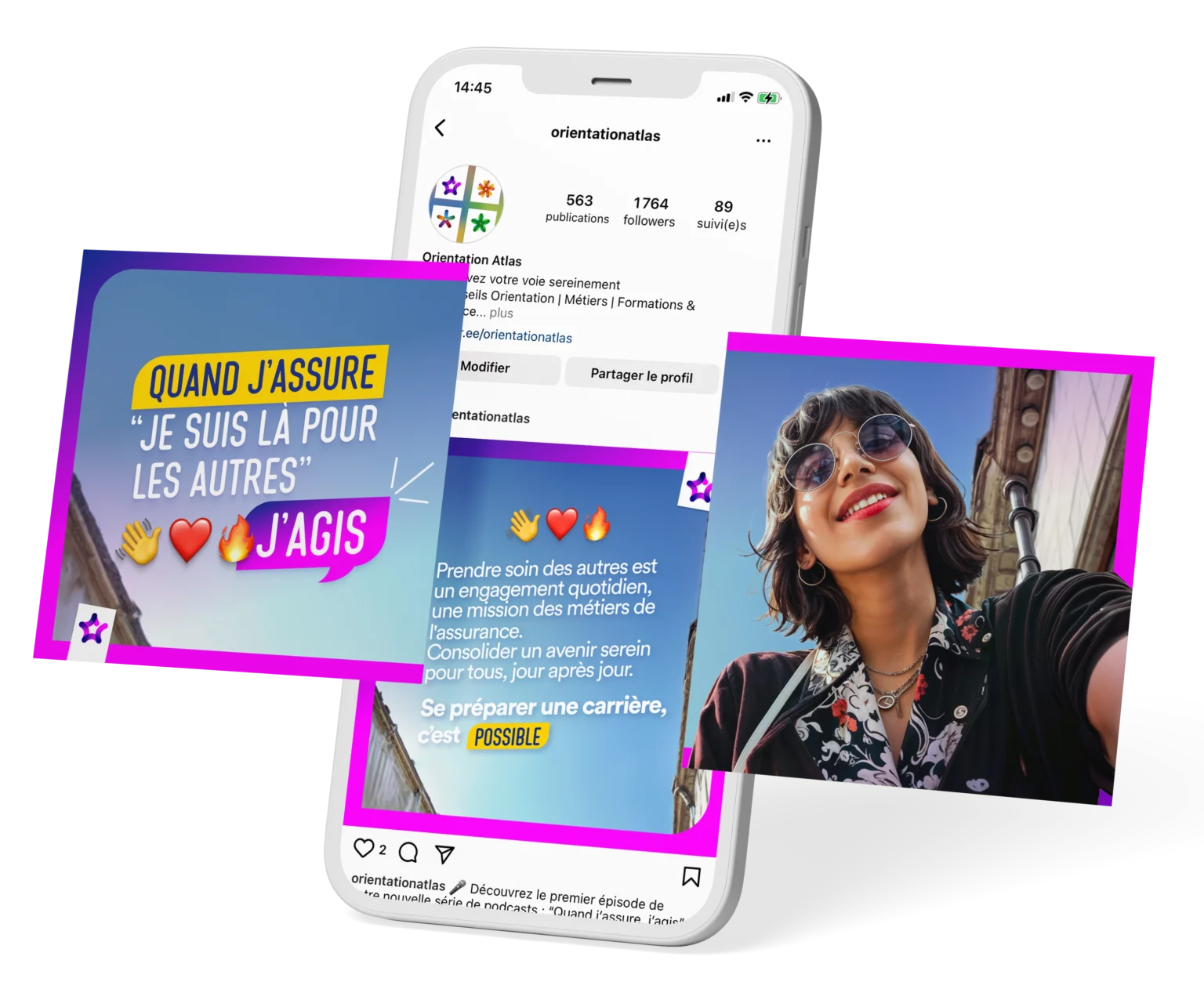 Visuel présentant le profil Instagram Orientation Atlas sur un smartphone, entouré de publications de la campagne "J'assure !". On y voit des slogans sur l'engagement et un portrait souriant.