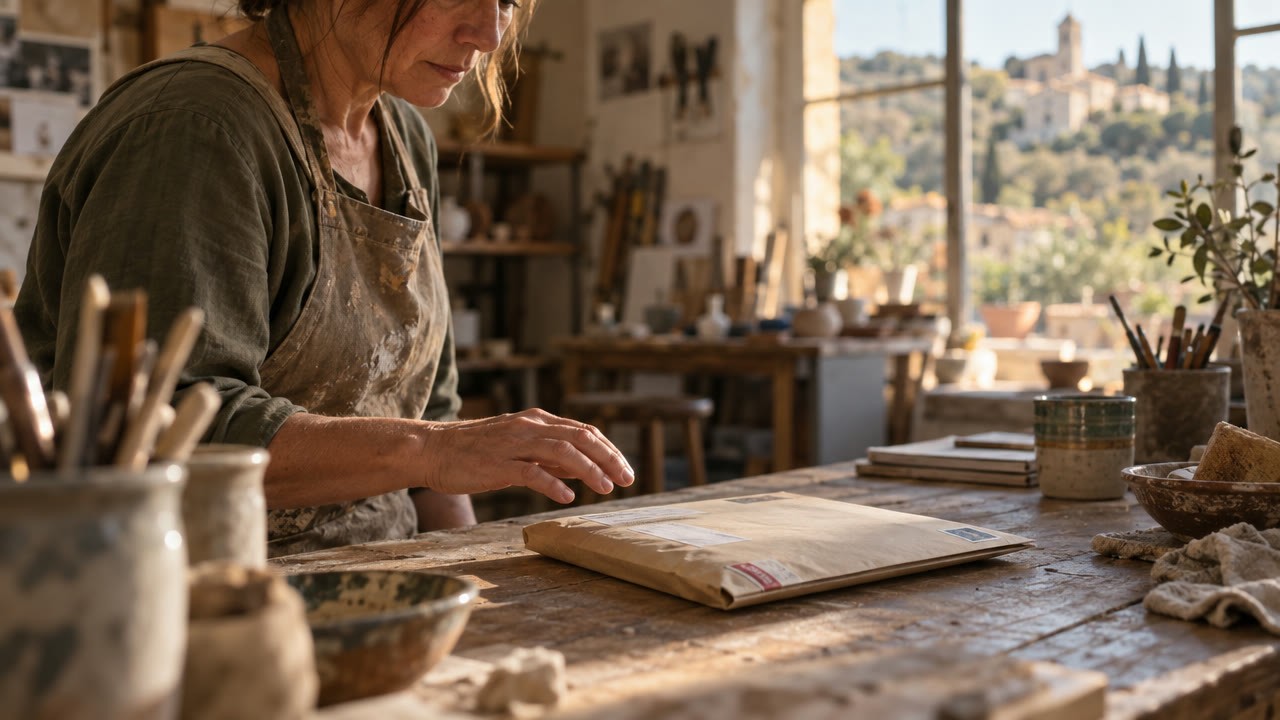 Lettre recommandée posée sur l'établi d'un artisan
