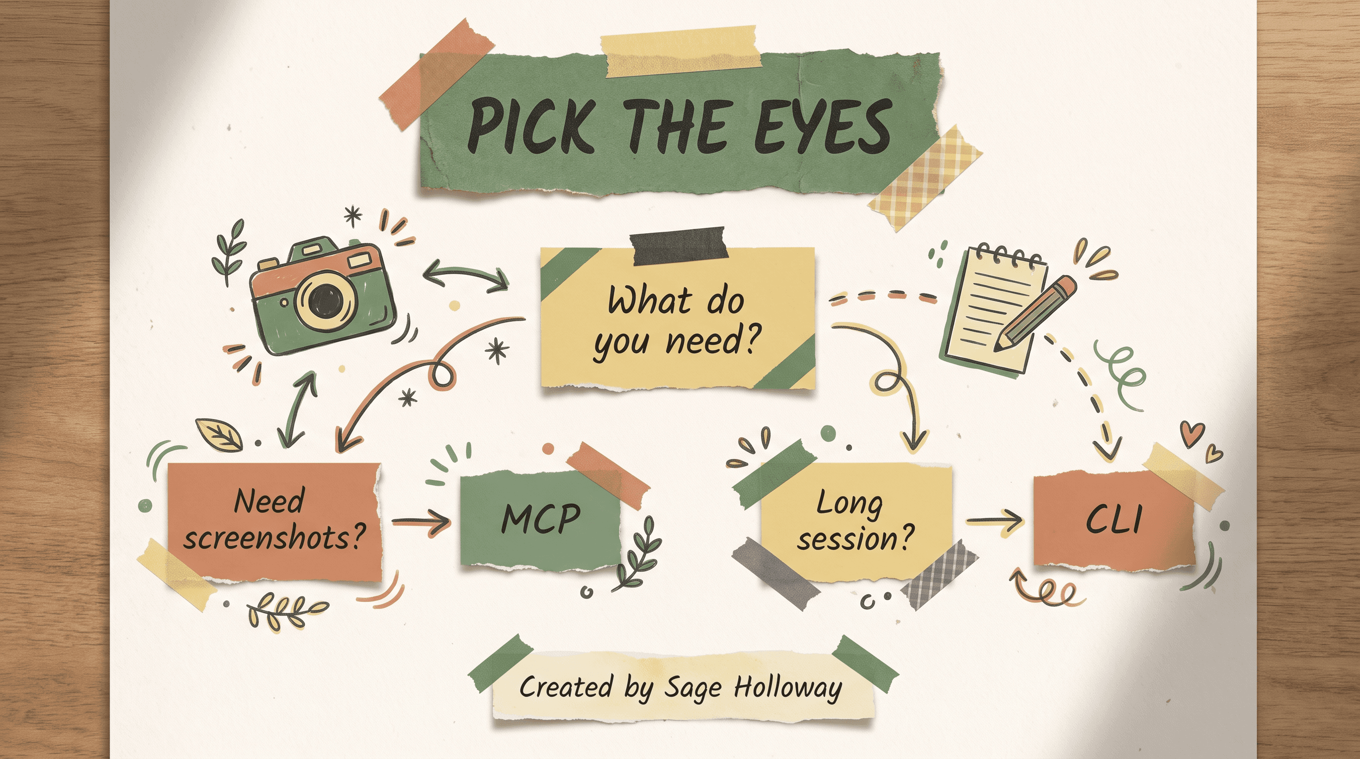 Scrapbook decision diagram for Playwright MCP versus Playwright CLI with Claude Code QA