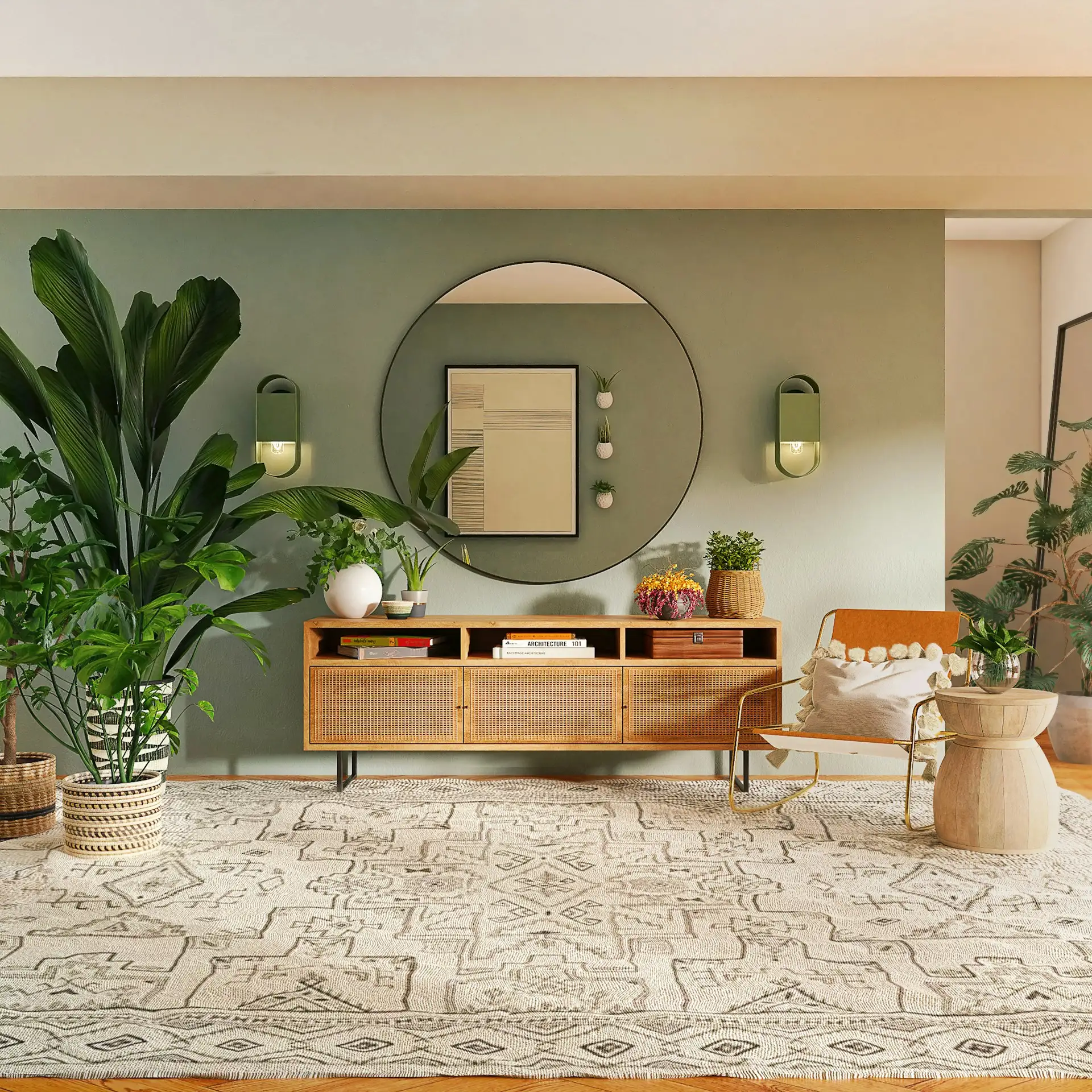 Boho living room with large plants, round mirror, rattan media console, and patterned rug.