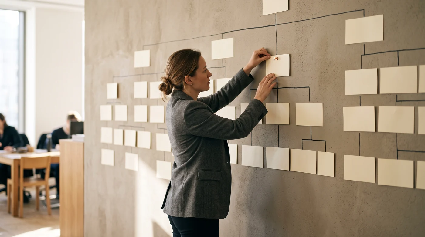 A consultant arranging cards on a planning wall