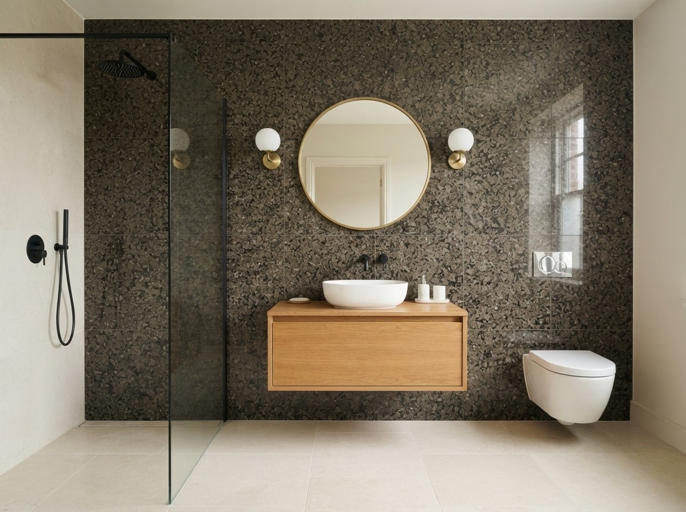 Bathroom feature wall in Tropical Najran Polished granite with a floating timber vanity