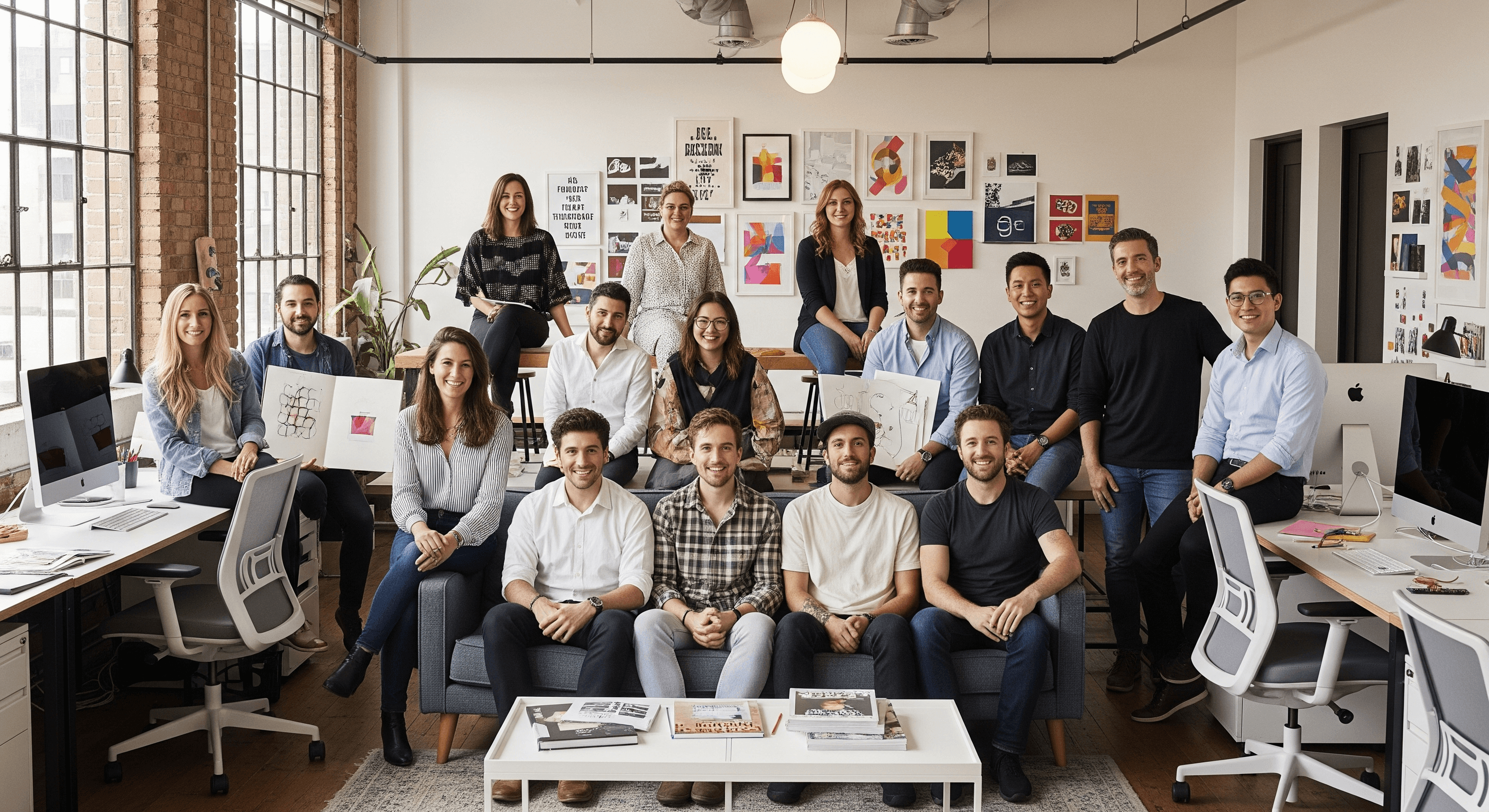 Group of diverse office colleagues posing together, smiling and looking at the camera.