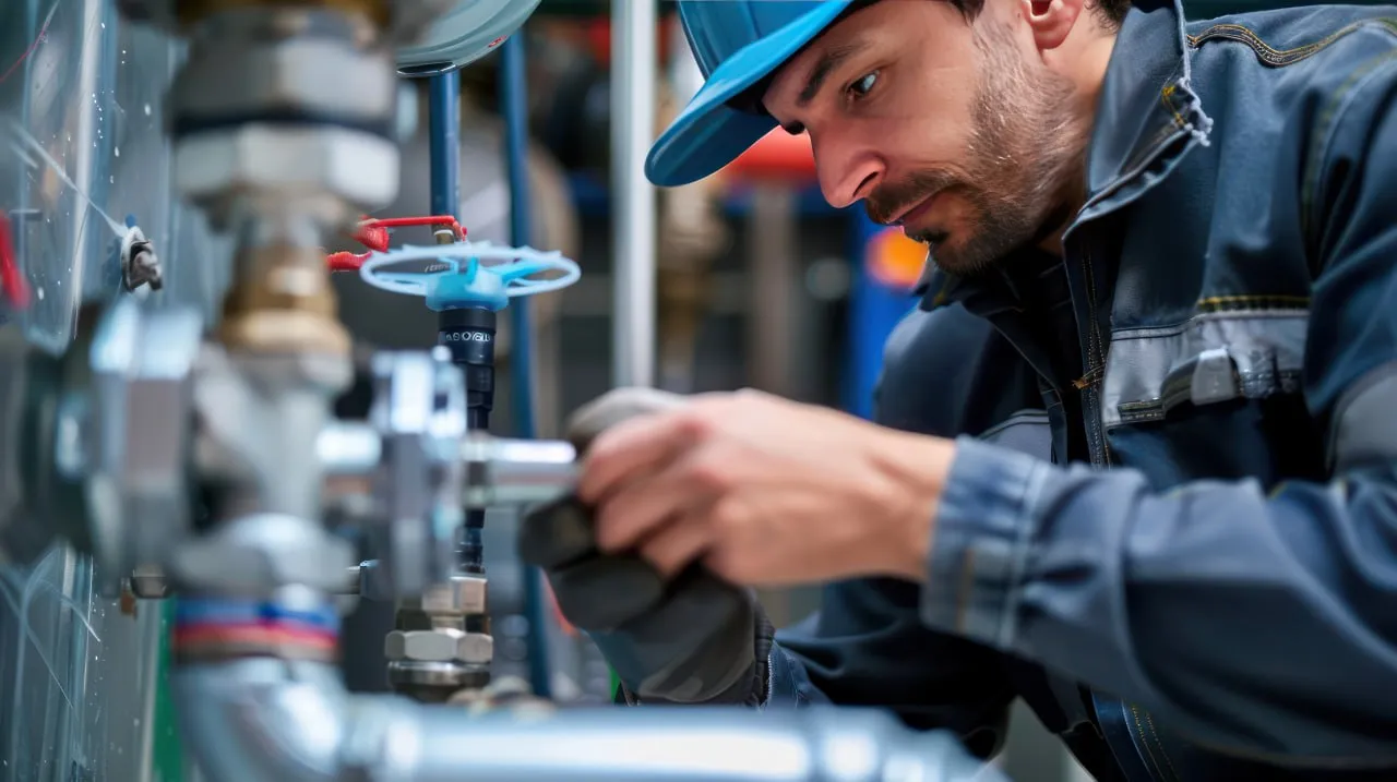 Plumber in a blue cap adjusting a valve on industrial pipework