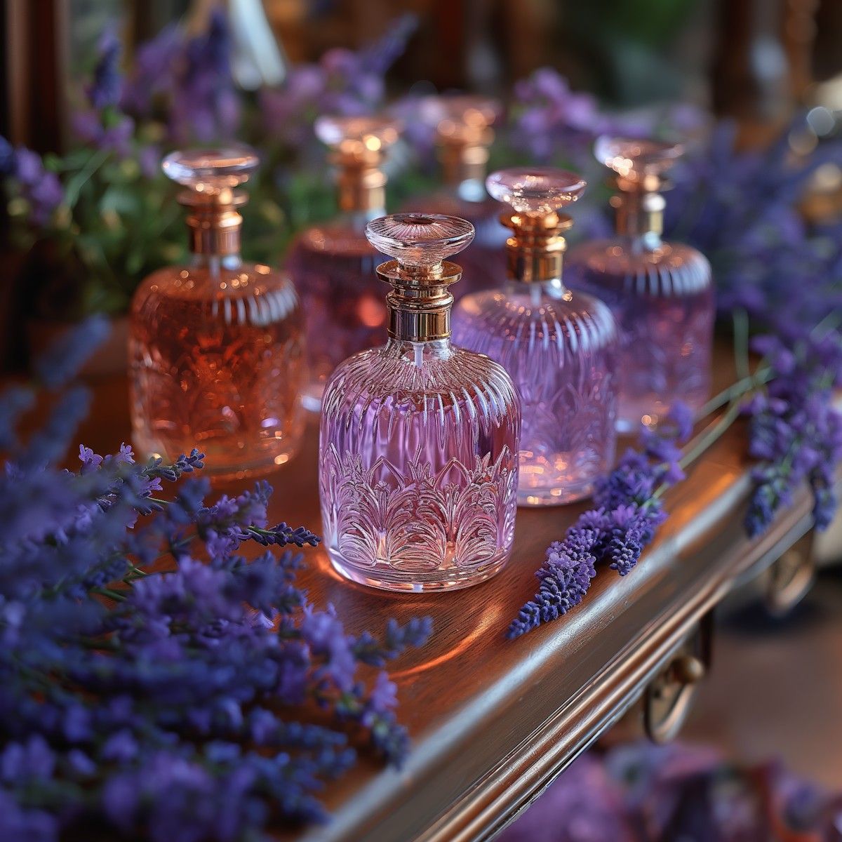A collection of ornate, vintage-style glass perfume bottles filled with pink and lavender liquids is elegantly displayed on a wooden shelf with fragrant lavender flowers, creating a luxurious and aromatic atmosphere.