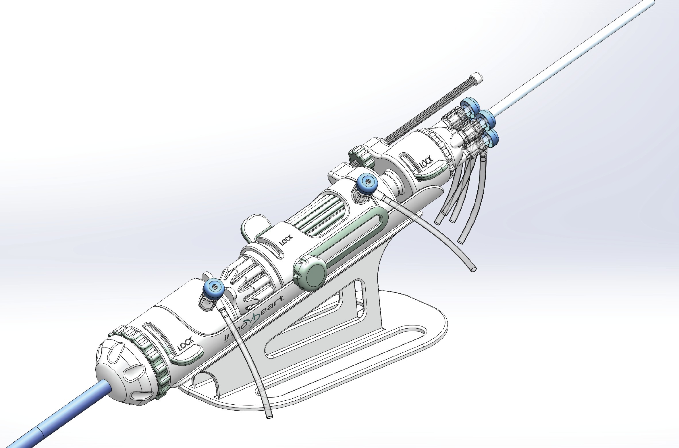 InnovHeart Saturn delivery system on its stand, closed position, CAD