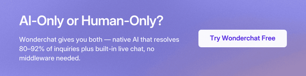 AI-Only or Human-Only? Wonderchat gives you both — native AI that resolves 80–92% of inquiries plus built-in live chat, no middleware needed. Try Wonderchat Free