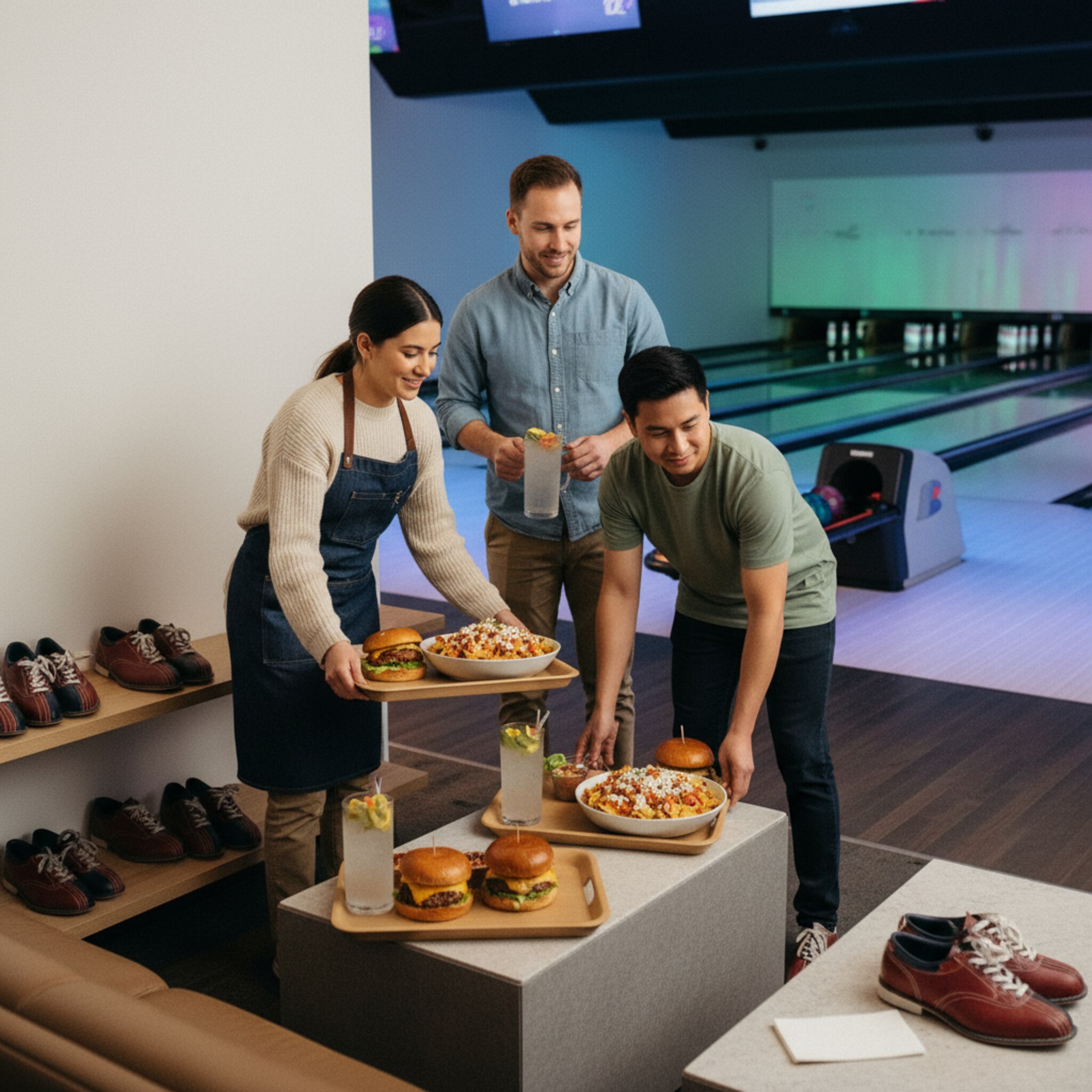 Ein Serviceteam stellt Tabletts mit Burgern, Nachos und Pitchern an die Sitznische einer Bahn. Daneben stehen sauber gereihte Leihschuhe in verschiedenen Größen. Das Licht wechselt zu Glow-Bowling, Farben reflektieren auf dem Holz. Alles ist vorbereitet für einen runden Abend.