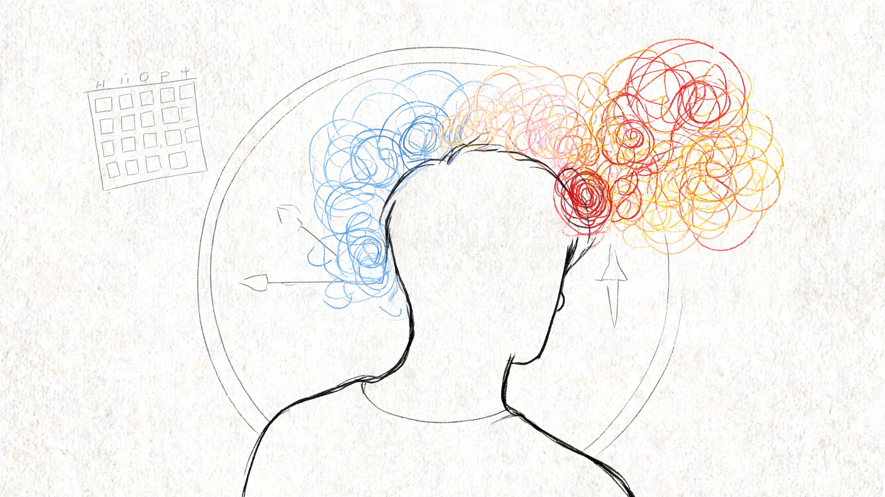A conceptual illustration of a person with colorful, scribbled thoughts representing mood changes and mental states.