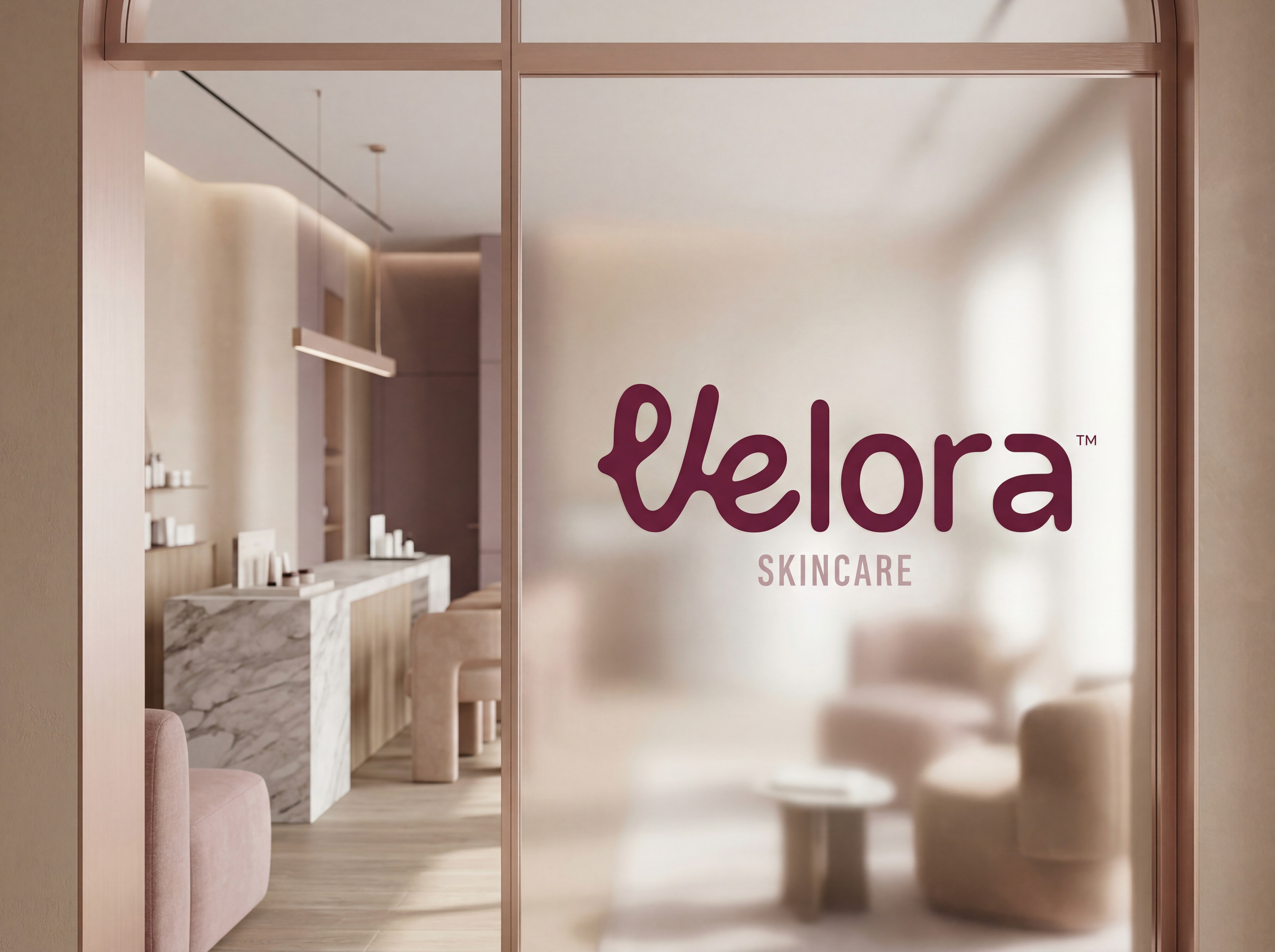 VELORA Skincare, glass entrance signage mockup