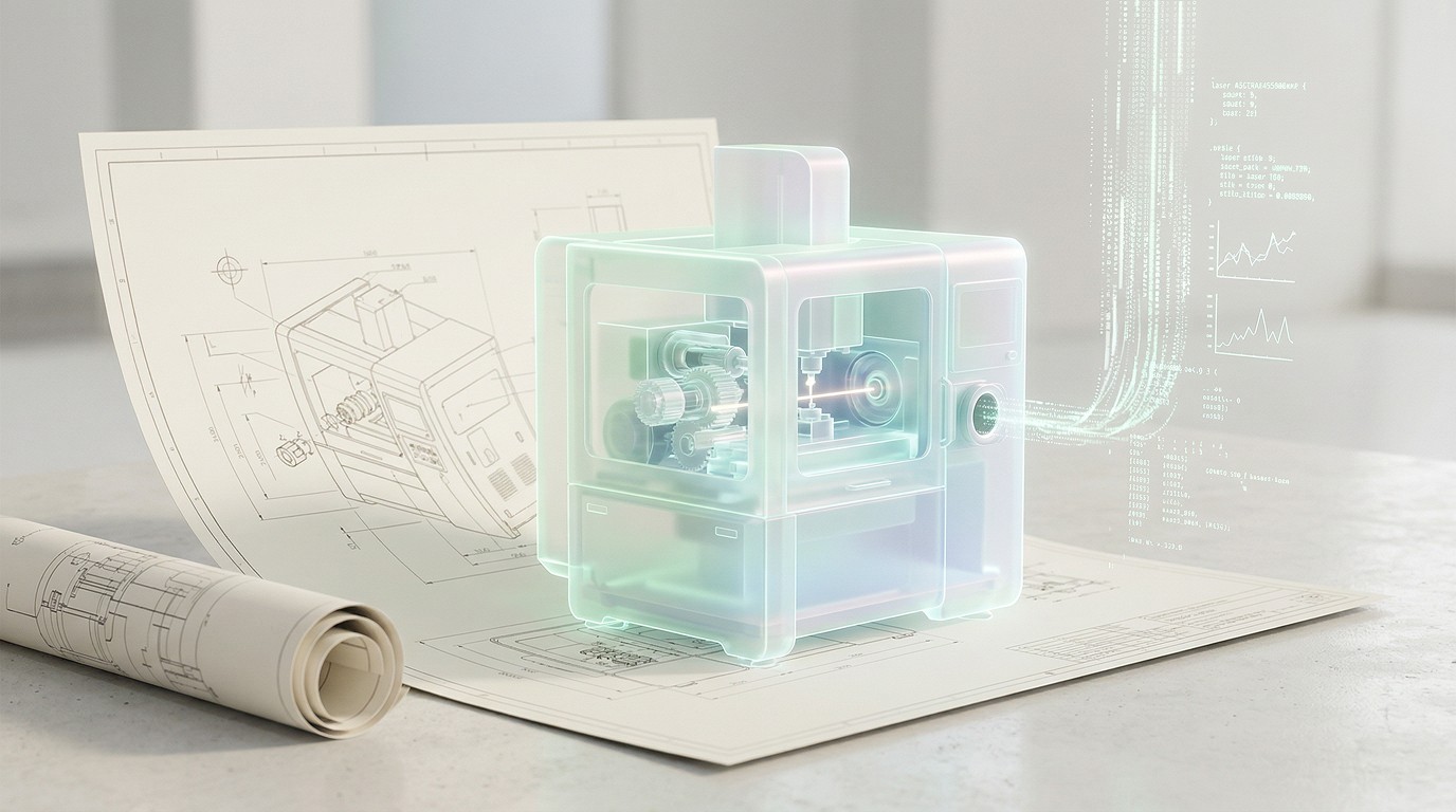 Digital twin visualization for OEMs — holographic industrial machine with engineering blueprints showing how CAD files become interactive 3D product experiences — Penguincil Design