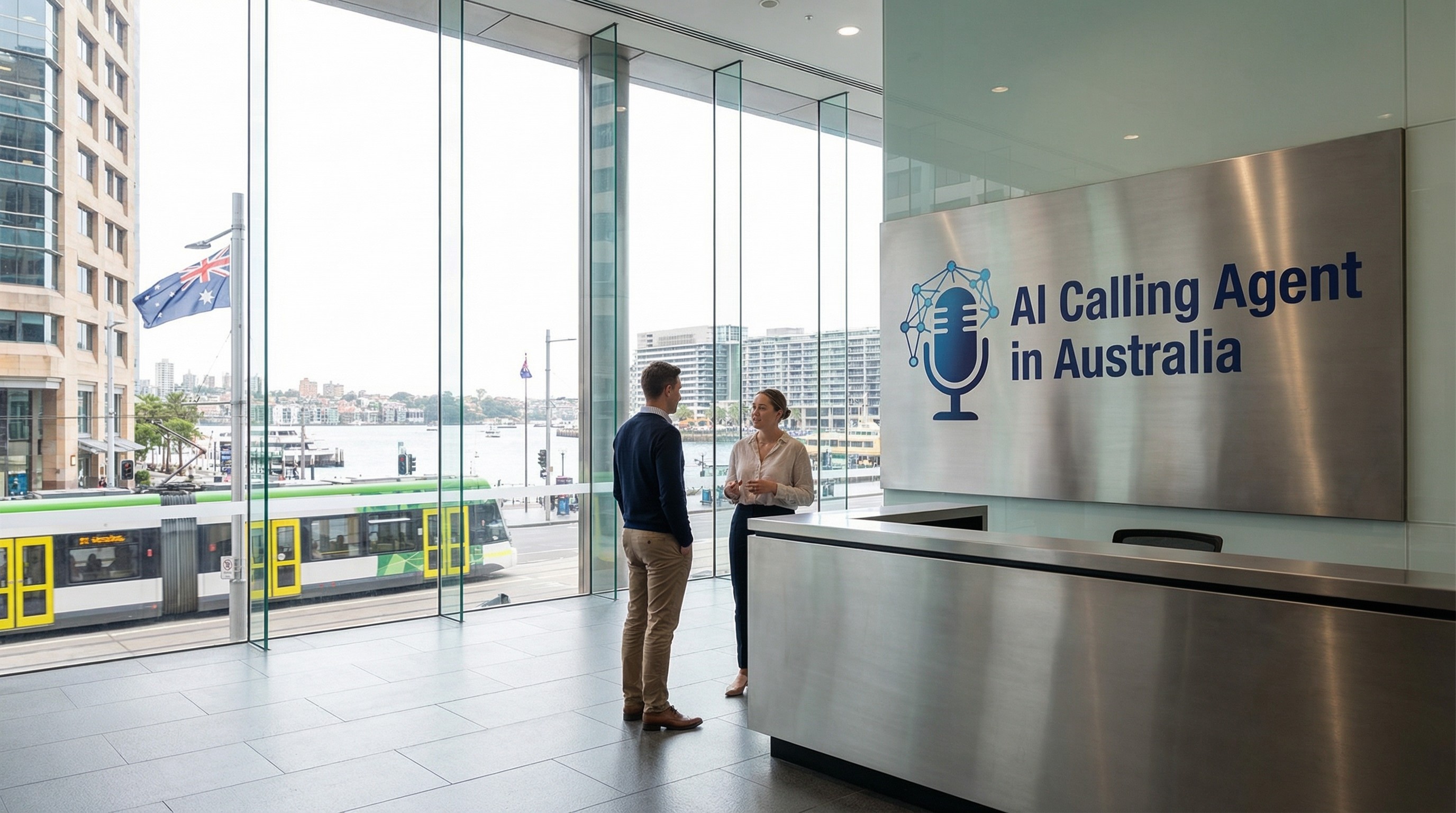 AI calling agent in Australia showcased in a modern office reception, representing automated voice AI solutions for Australian businesses with smart customer communication technology.