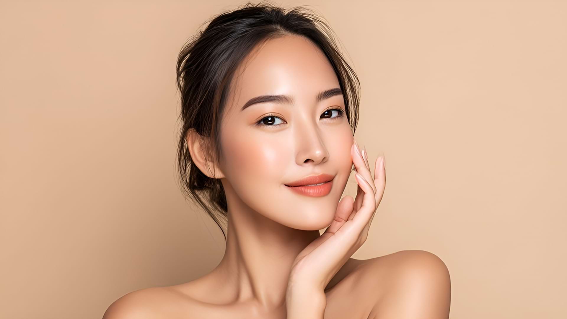 A woman with smooth, glowing skin poses confidently against a beige background. She gently rests her hand on her cheek, exuding elegance and warmth.