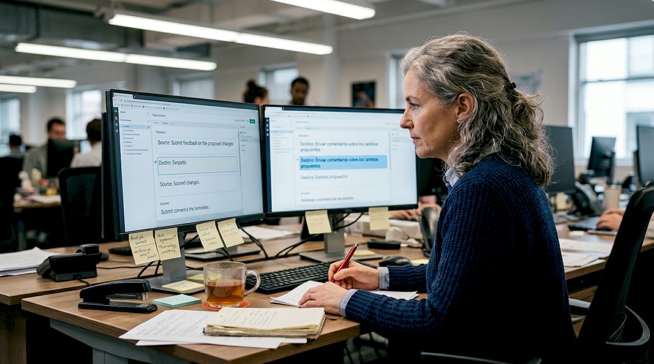 Linguist checks translation on computer screens