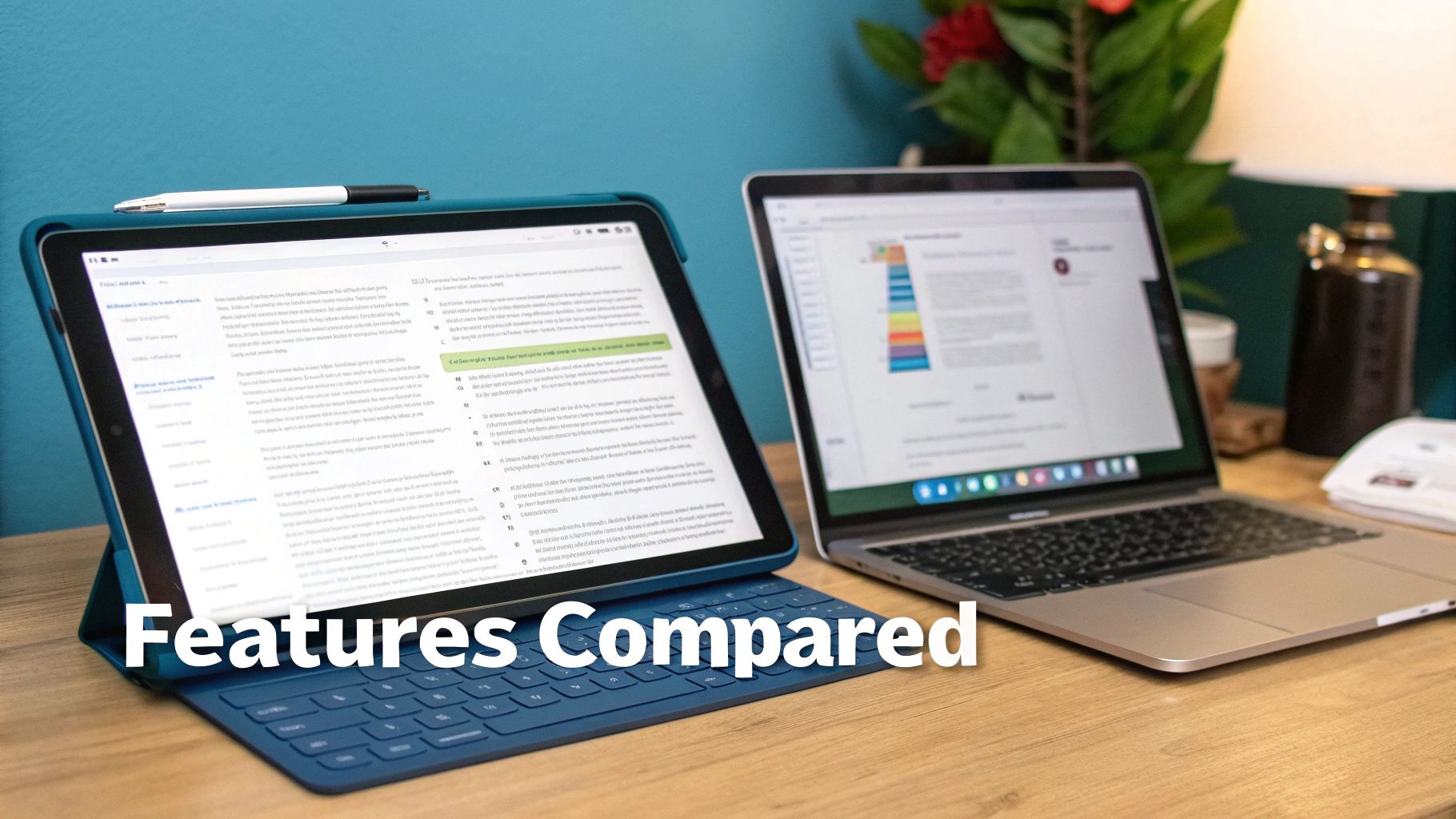 A tablet with a stylus and an attached keyboard case next to a laptop on a wooden desk, comparing features.