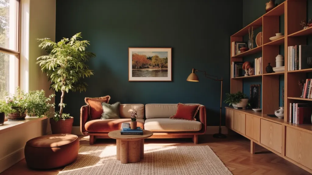 AI-generated interior design series, style definition study, warm modern living spaces, art-directed furniture styling and natural light