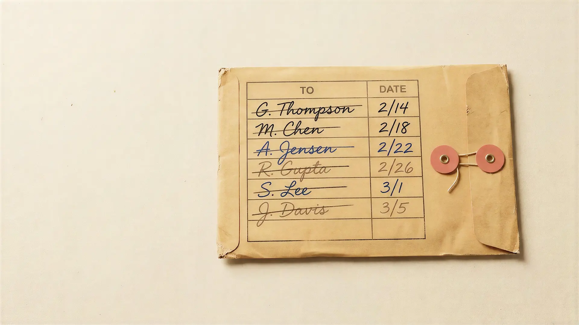 A worn interoffice routing envelope whose routing grid shows six handwritten names, every one crossed out; the final row is blank.