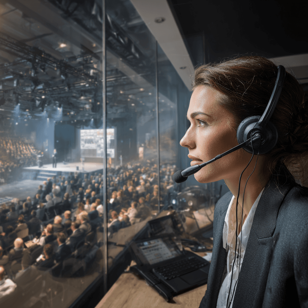 Intérprete profissional realizando tradução simultânea em cabine durante conferência internacional, garantindo comunicação clara para todos os participantes.
