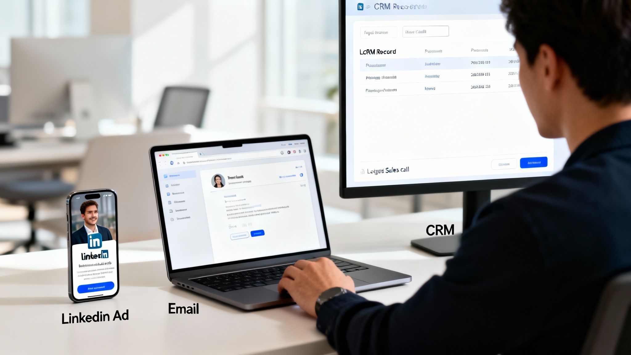 Person managing cross-channel marketing on a phone with LinkedIn ad, laptop with email, and CRM.
