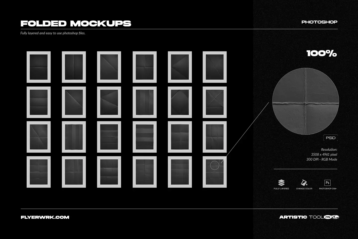 Selection of twenty four layered folded paper sheets Photoshop mockup templates with various crease patterns