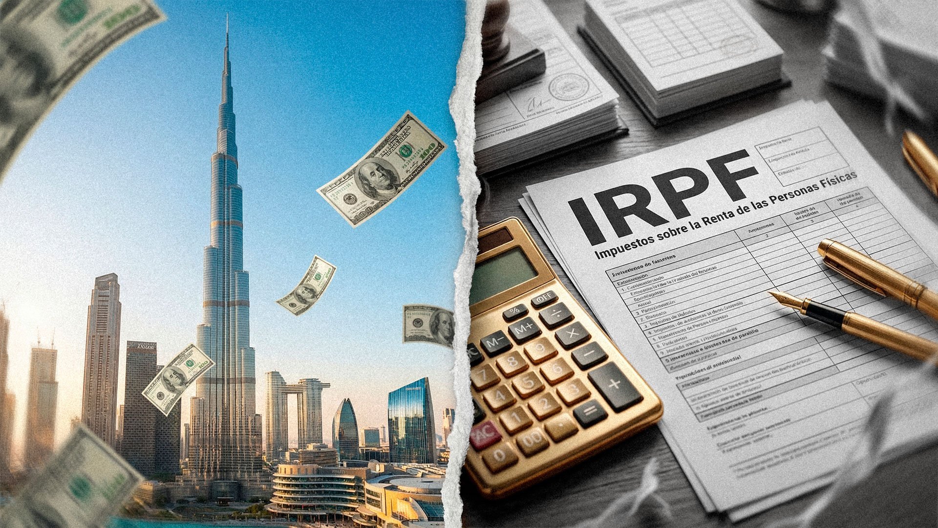 Comparación fiscal entre Dubái y España: skyline de Dubái con dólares volando frente a documentos de IRPF, calculadora y formularios de impuestos.