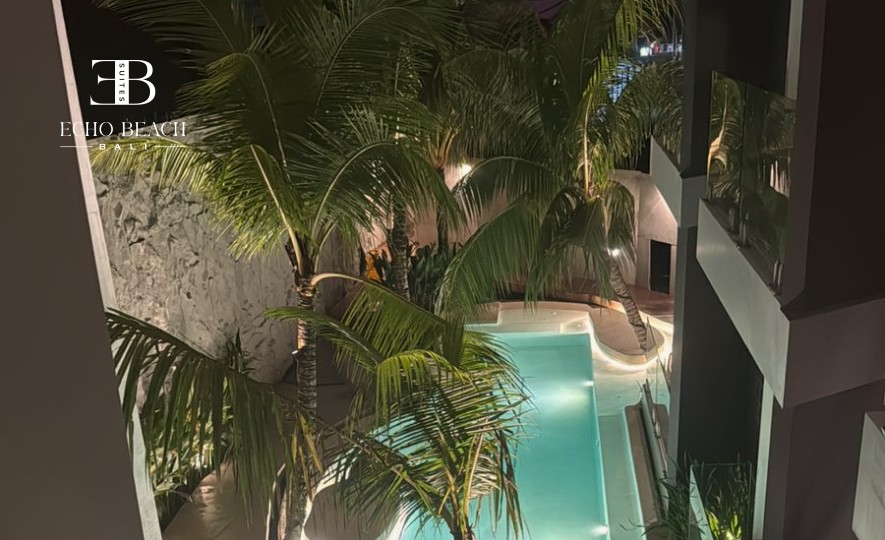 Canggu Penthouse Private Jacuzzi: Outdoor soaking area with lounge seating on the upper deck. Ultimate luxury wellness amenity at Echo Beach Suite, Bali.