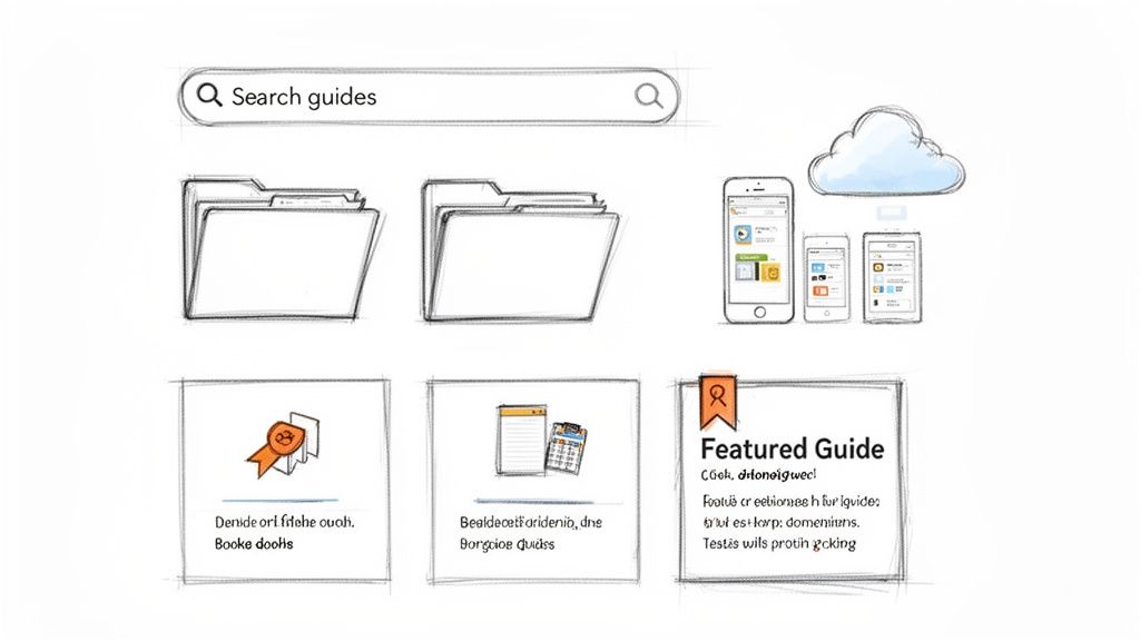 Sketch of a search bar, file folders, mobile devices, cloud, and sections for guides, including a featured one.