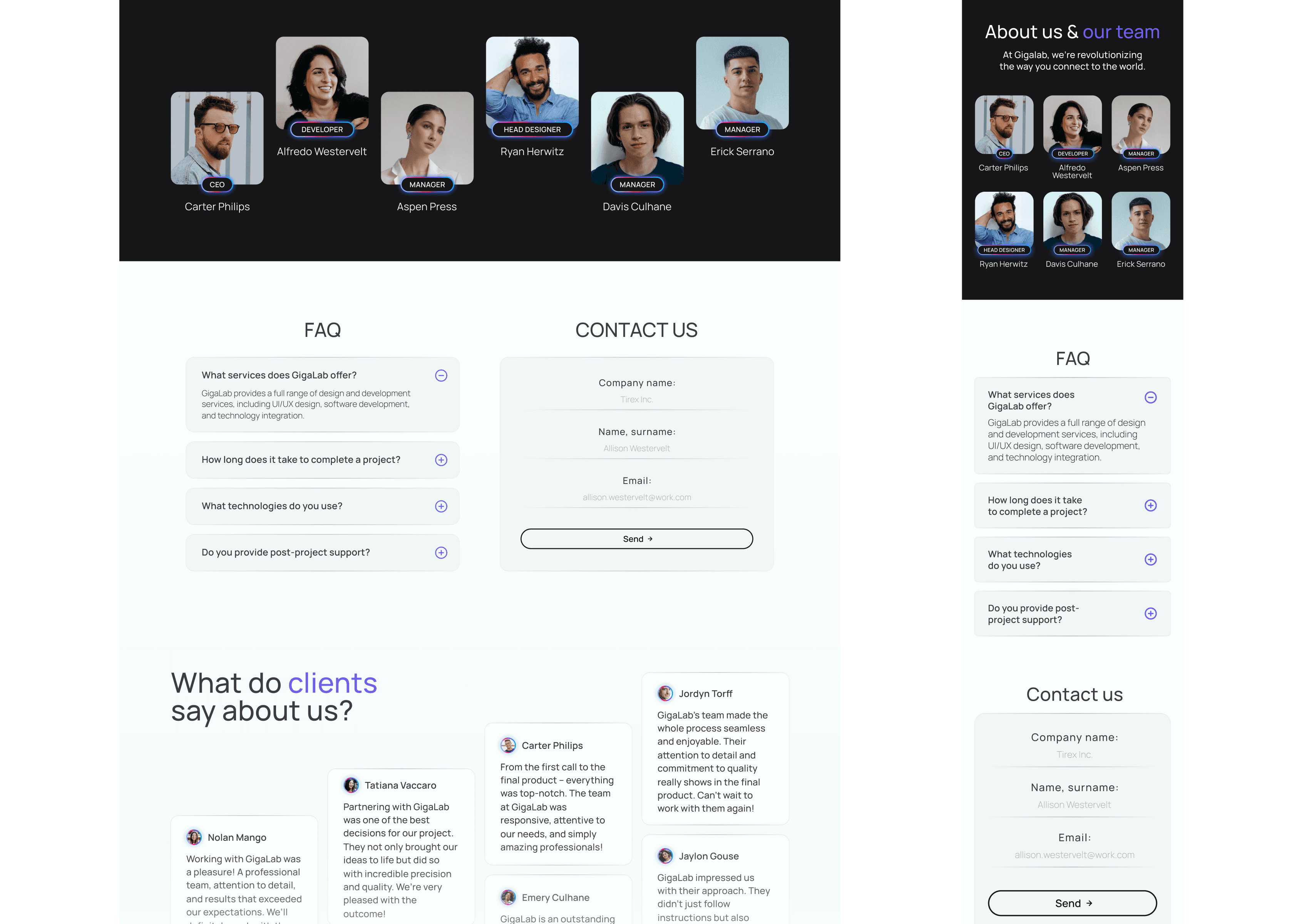 About us page of Gigalab website displaying team members, FAQ block, and contact form layout.