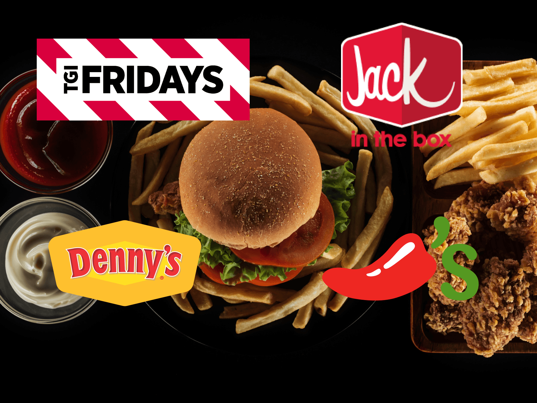 TGI Fridays, Jack In The Box, Dennys and Chilis logos with ketchup, ranch  burger and fries and fried chicken in background