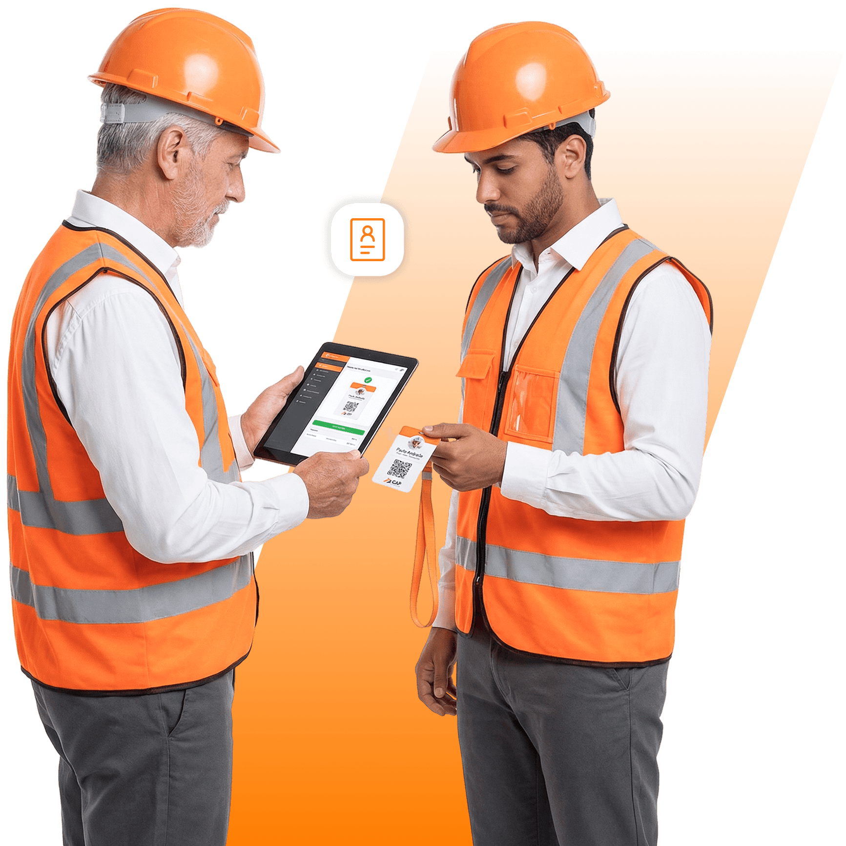 Dois profissionais de segurança sorrindo, com macacões laranja, capacetes e óculos de proteção, braços cruzados. Ao lado, o logo 'gedoc', representando a gestão documental em SSMA.