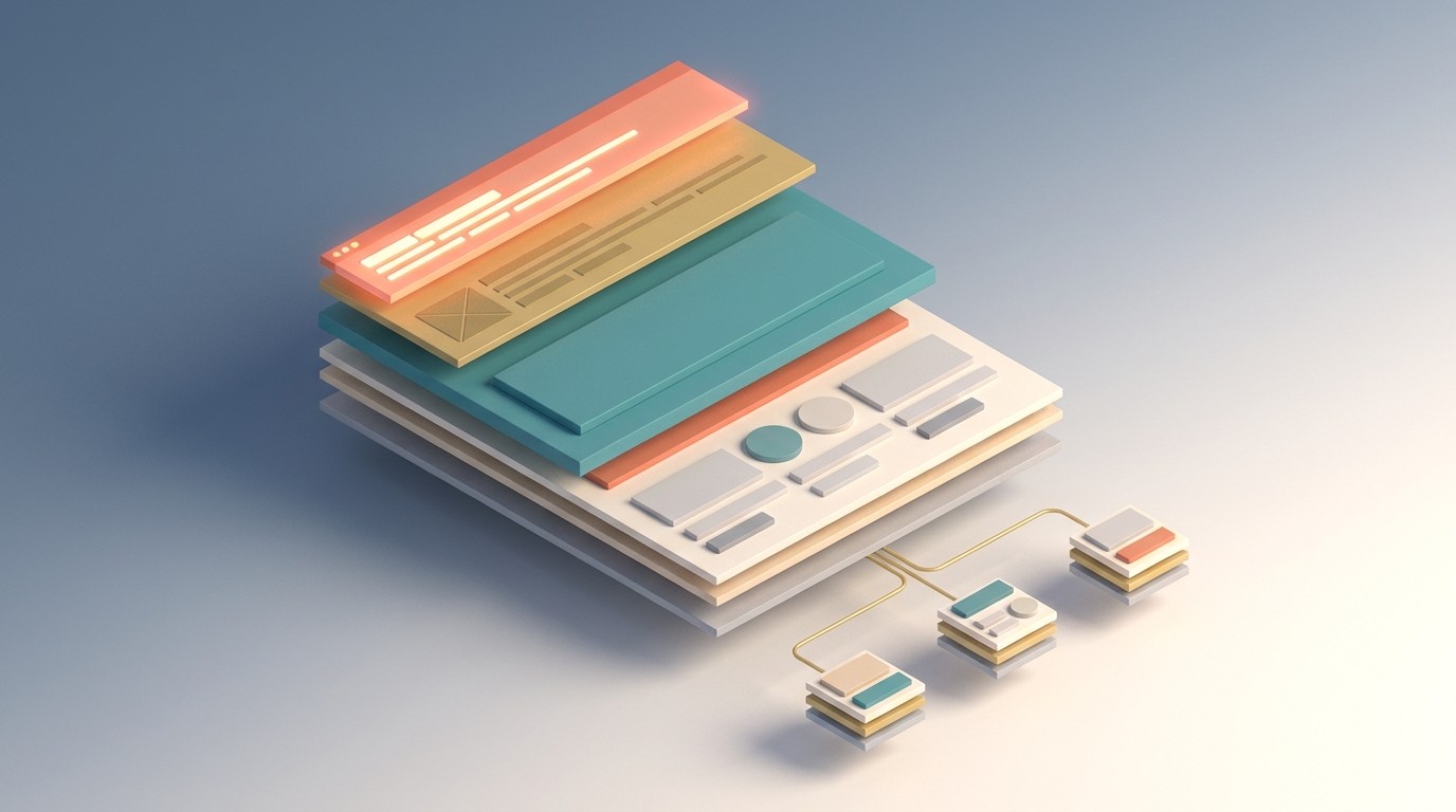 Isometrische 3D-Darstellung einer Webseite als geschichtete Architektur mit verbundenen Unterseiten