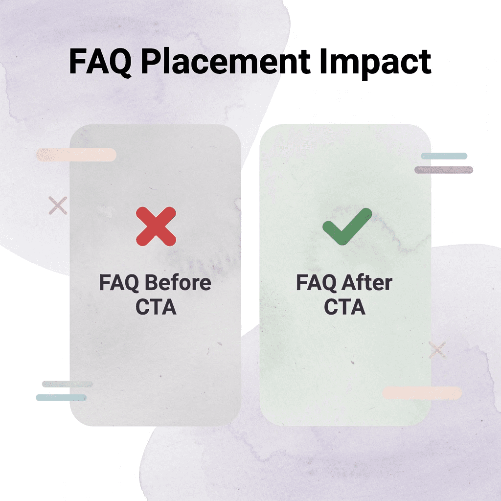 Before and after infographic comparing FAQ placed before versus after the call-to-action