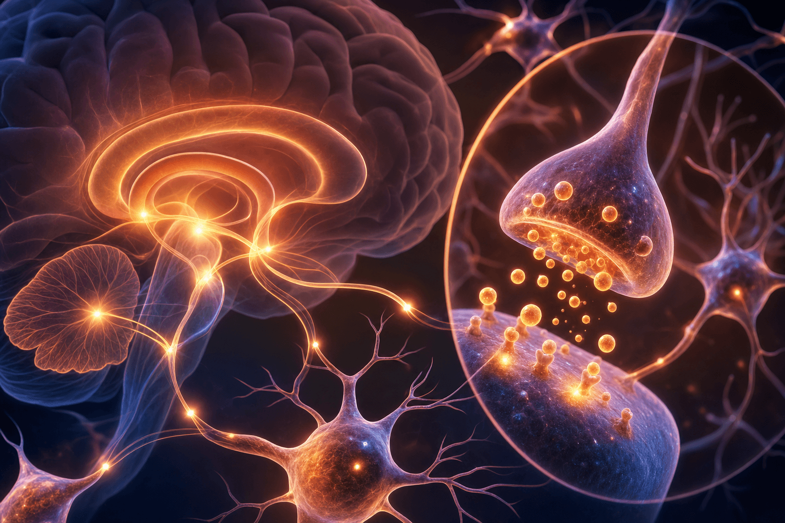 Abstract scientific illustration of dopamine neurotransmitter activity in the brain, showing neural pathways with glowing synaptic connections, dopamine molecules flowing between neurons, warm colors representing reward pathways and attention centers, modern medical illustration style, clean and professional