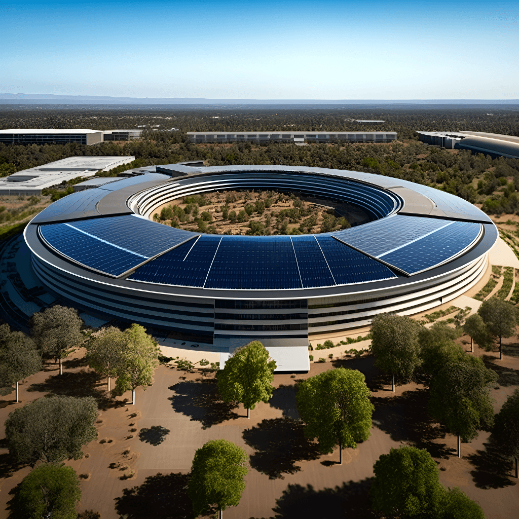Aerial view of Apple Park's circular headquarters building with solar panel roof surrounded by trees and landscaping