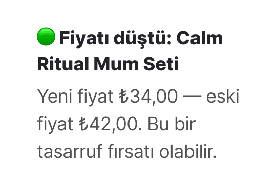 Een meldingsballon van de Whisprice-app in het Nederlands met een waarschuwing voor een prijsdaling. De tekst luidt: "Prijsdaling: Calm Ritual Geurkaarsenset. Nu €34,00 — voorheen €42,00. Een fluistering van besparing, precies op tijd."
