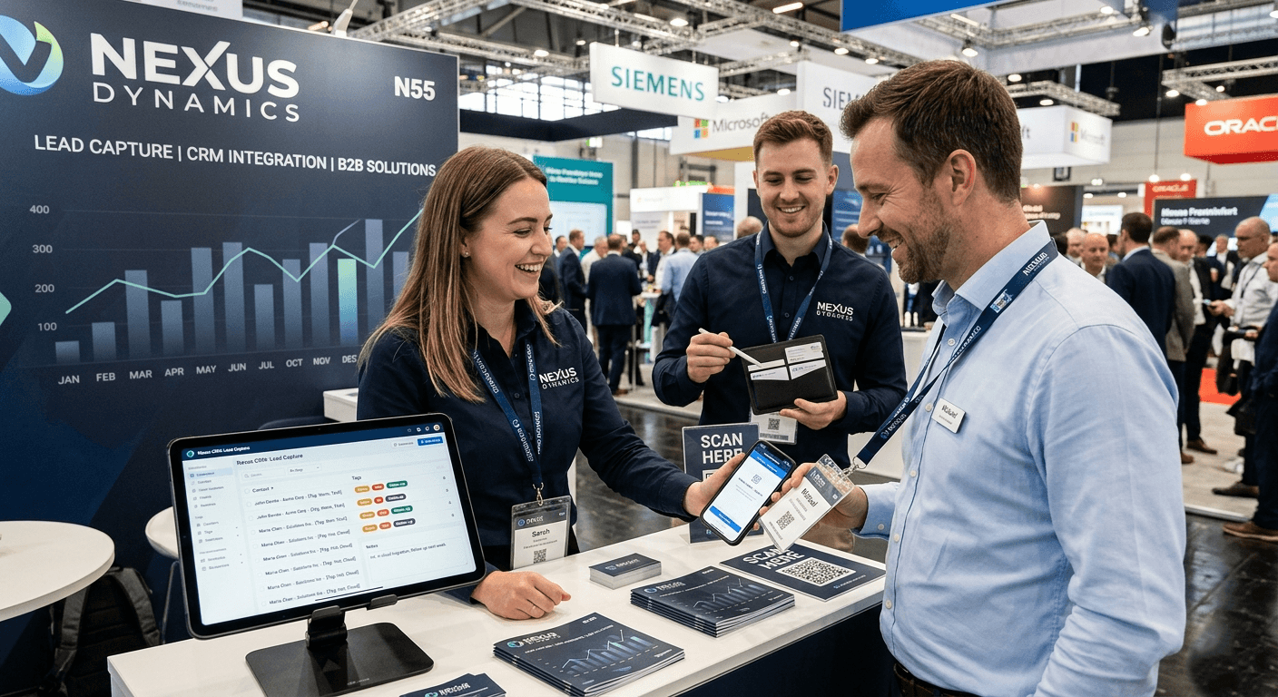 Trade show booth capturing leads with QR badge scanning and business cards into a digital contact database